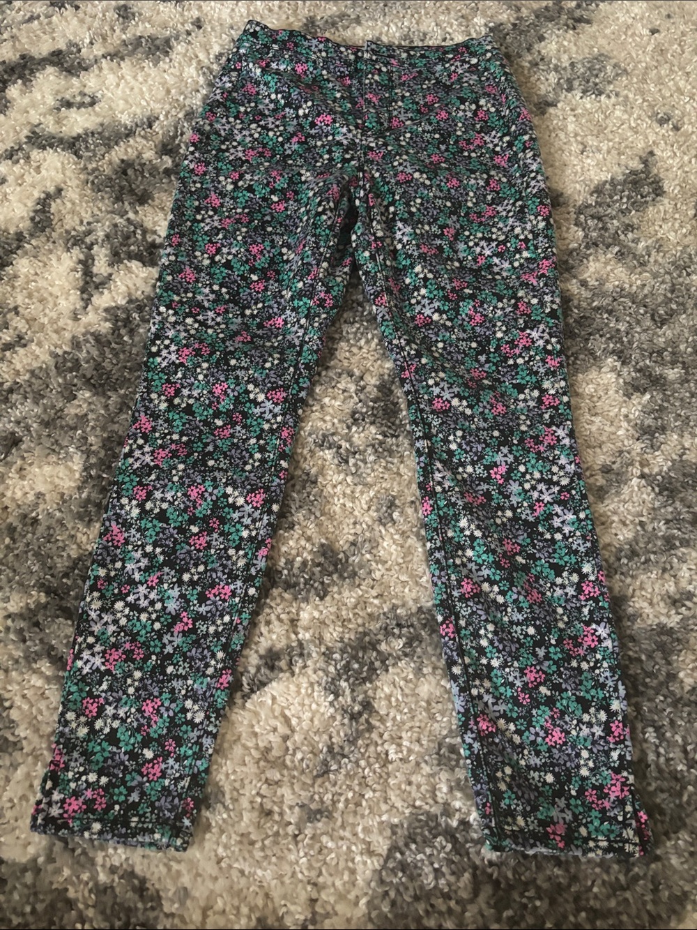 SO Floral Print Skinny Pants in Black with Pink, Green & Lavender Blooms